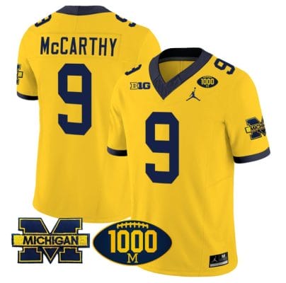 JJ McCarthy Jersey #9 Michigan Wolverines 1000 Wins Patch Vapor College Football Maize