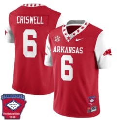 Jacolby Criswell Jersey #6 Arkansas Razorback Football Arkansas State Patch White Sleeves