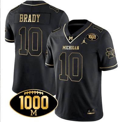 Tom Brady Jersey #10 Michigan Wolverines 1000 Wins Patch Football All Stitched Black Gold
