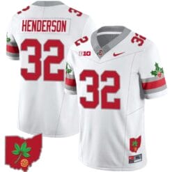TreVeyon Henderson Jersey #32 Ohio State Buckeyes Football Stitched Ohio Map Patch White Style 2