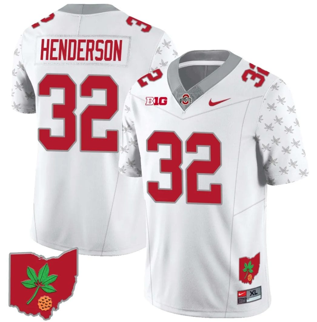TreVeyon Henderson Jersey #32 Ohio State Buckeyes Football Stitched Ohio Map Patch White Special Style 2