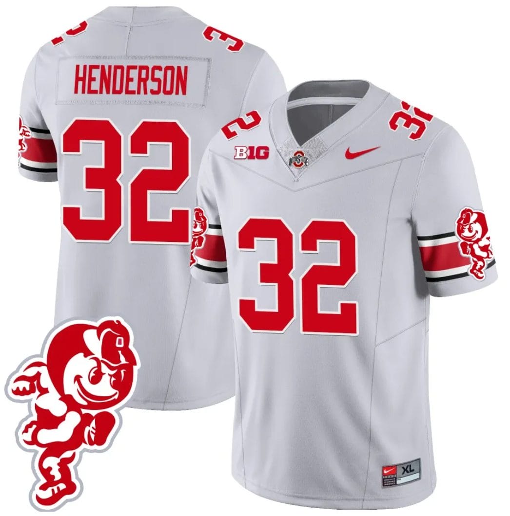 TreVeyon Henderson Jersey #32 Ohio State Buckeyes Football 2023 Stitched Brutus Buckeye Patch Gray