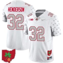 TreVeyon Henderson Jersey #32 Ohio State Buckeyes Football Stitched Ohio Map Patch White