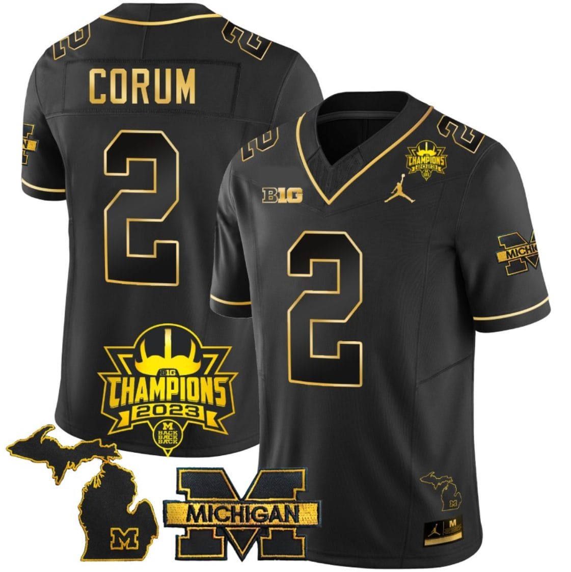 Blake Corum Jersey #9 Michigan Wolverines 2023 Big Ten Champions Patch Stitched Black Gold