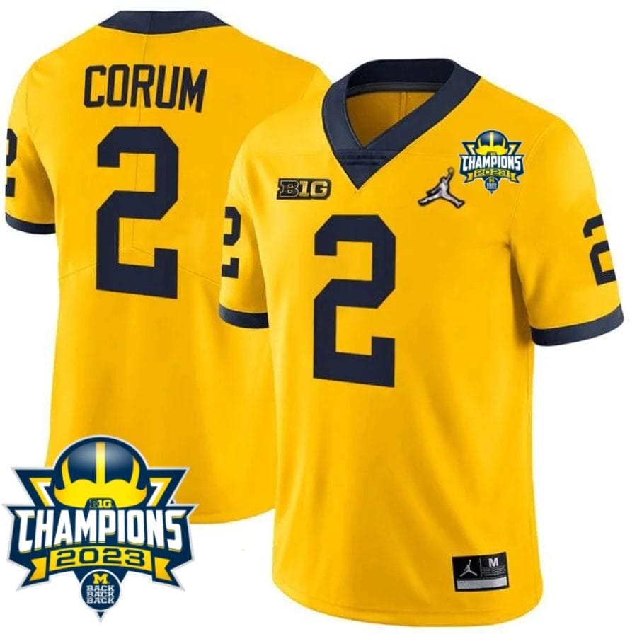 Blake Corum Jersey #9 Michigan Wolverines 2023 Big Ten Champions Patch Stitched Maize