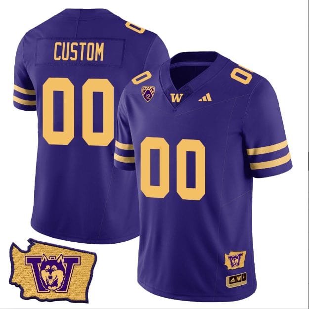 Custom Washington Huskies Jersey Name and Number Washington Map Patch Football Purple Gold