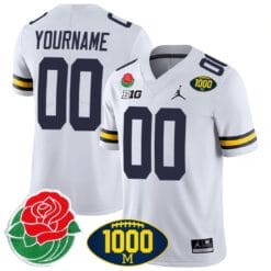 Custom Michigan Wolverines Jersey Name and Number 1000 Wins & Rose Bowl Patch Special White