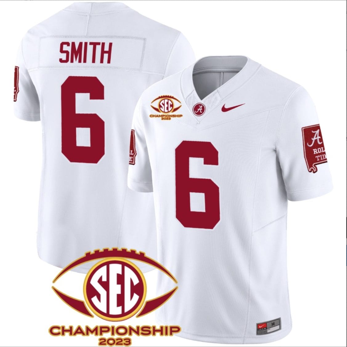 DeVonta Smith Jersey #6 Alabama Crimson SEC Championship 2023 Patch Vapor Limited Football White