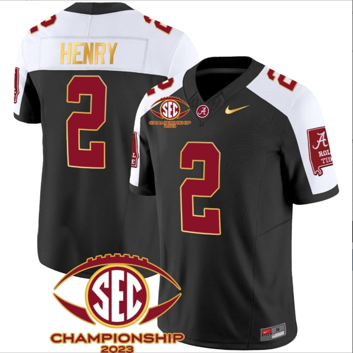 Derrick Henry Jersey #2 Alabama Crimson SEC Championship 2023 Patch Vapor Gold Football Black Alternate