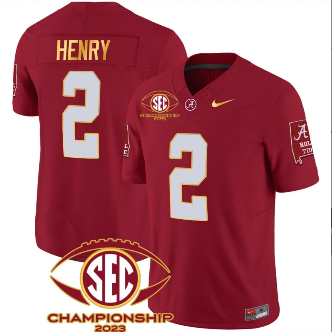 Derrick Henry Jersey #2 Alabama Crimson SEC Championship 2023 Patch Vapor Gold Football Crimson