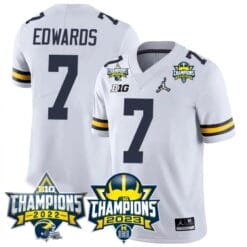 Donovan Edwards Jersey #7 Michigan Wolverines 2023 Big Ten Back to Back Champions Patch Stitched White
