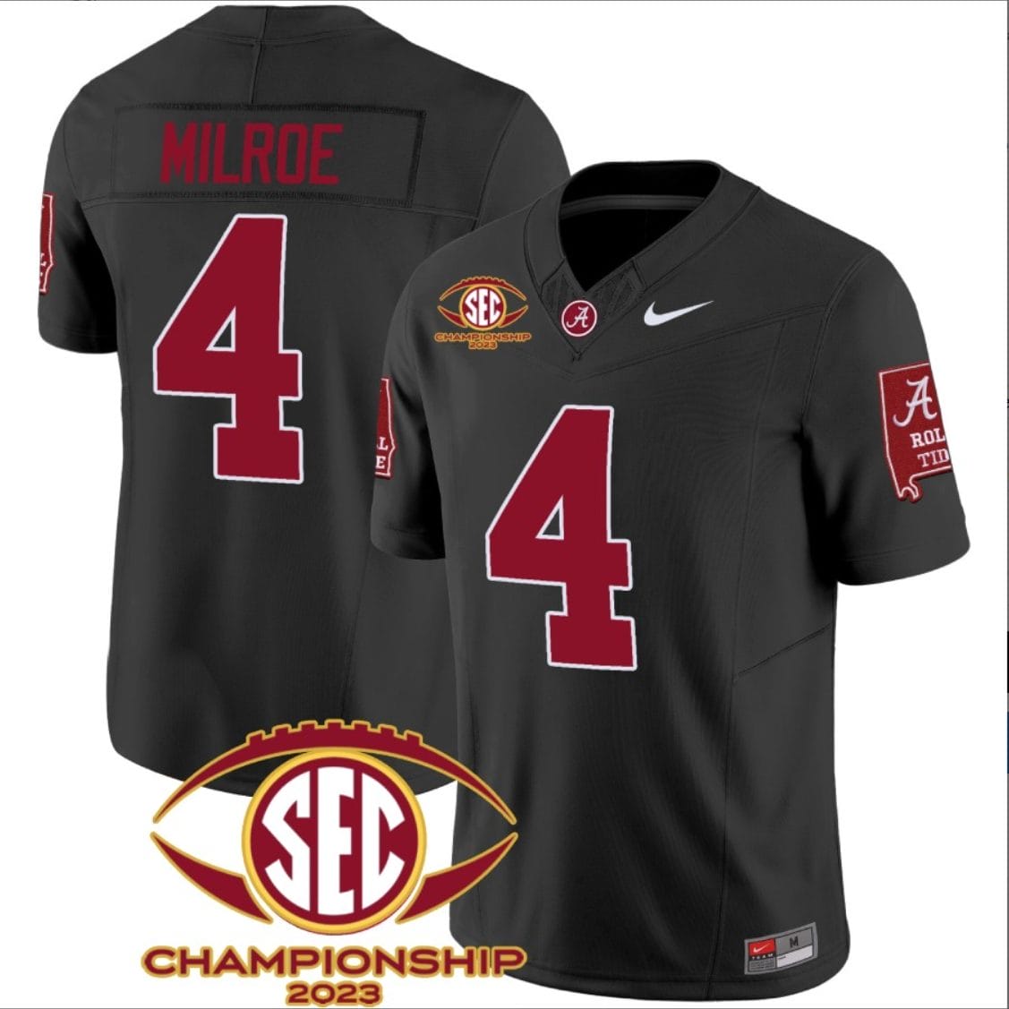 Jalen Milroe Jersey #4 Alabama Crimson SEC Championship 2023 Patch Vapor Limited Football Black