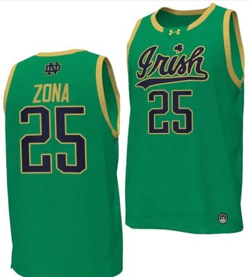 Matt Zona Jersey #25 Notre Dame Fighting Irish Basketball uniform Green