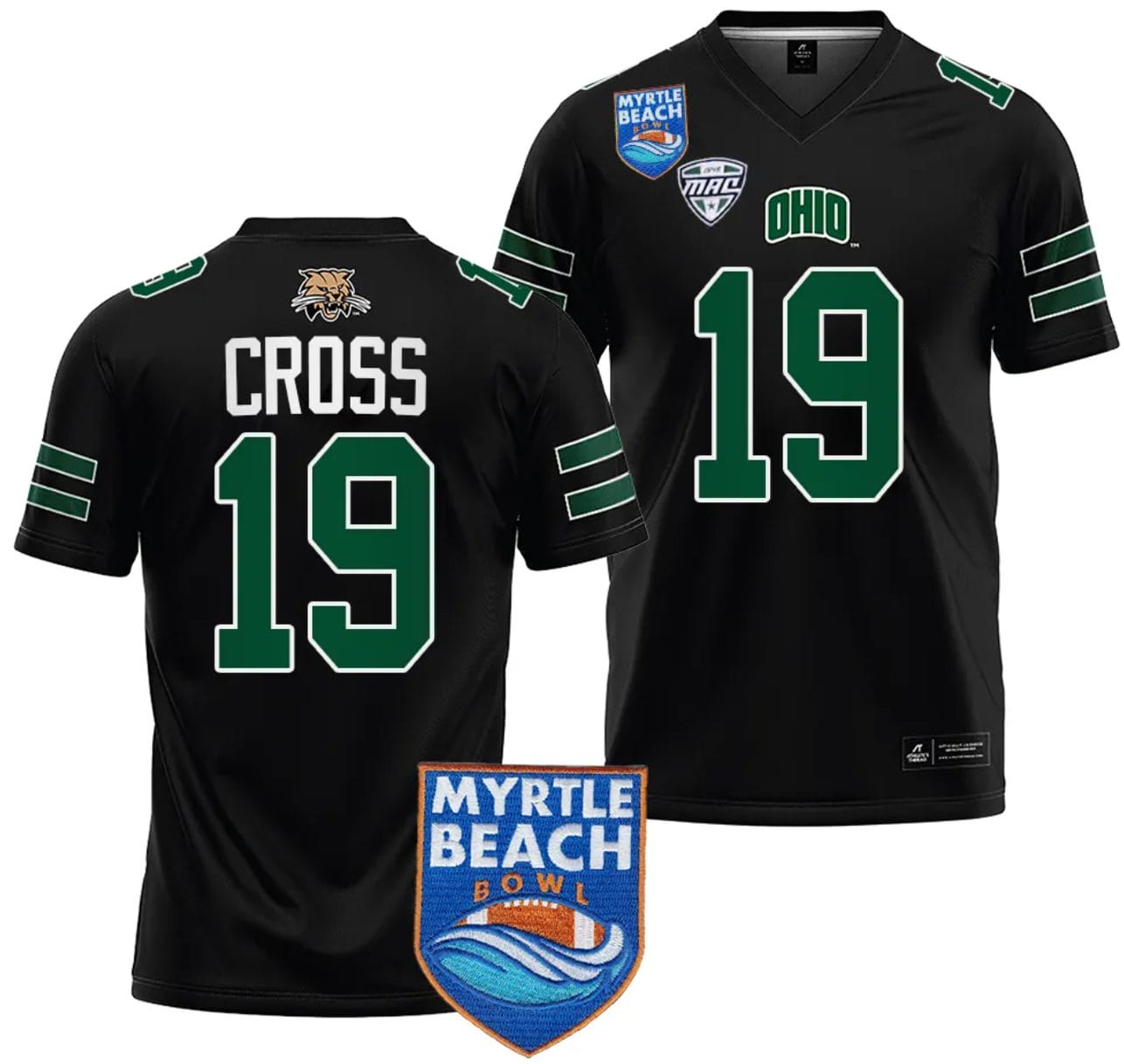 Miles Cross Jersey #19 Ohio Bobcats 2023 Myrtle Beach Bowl Patch College Football Black