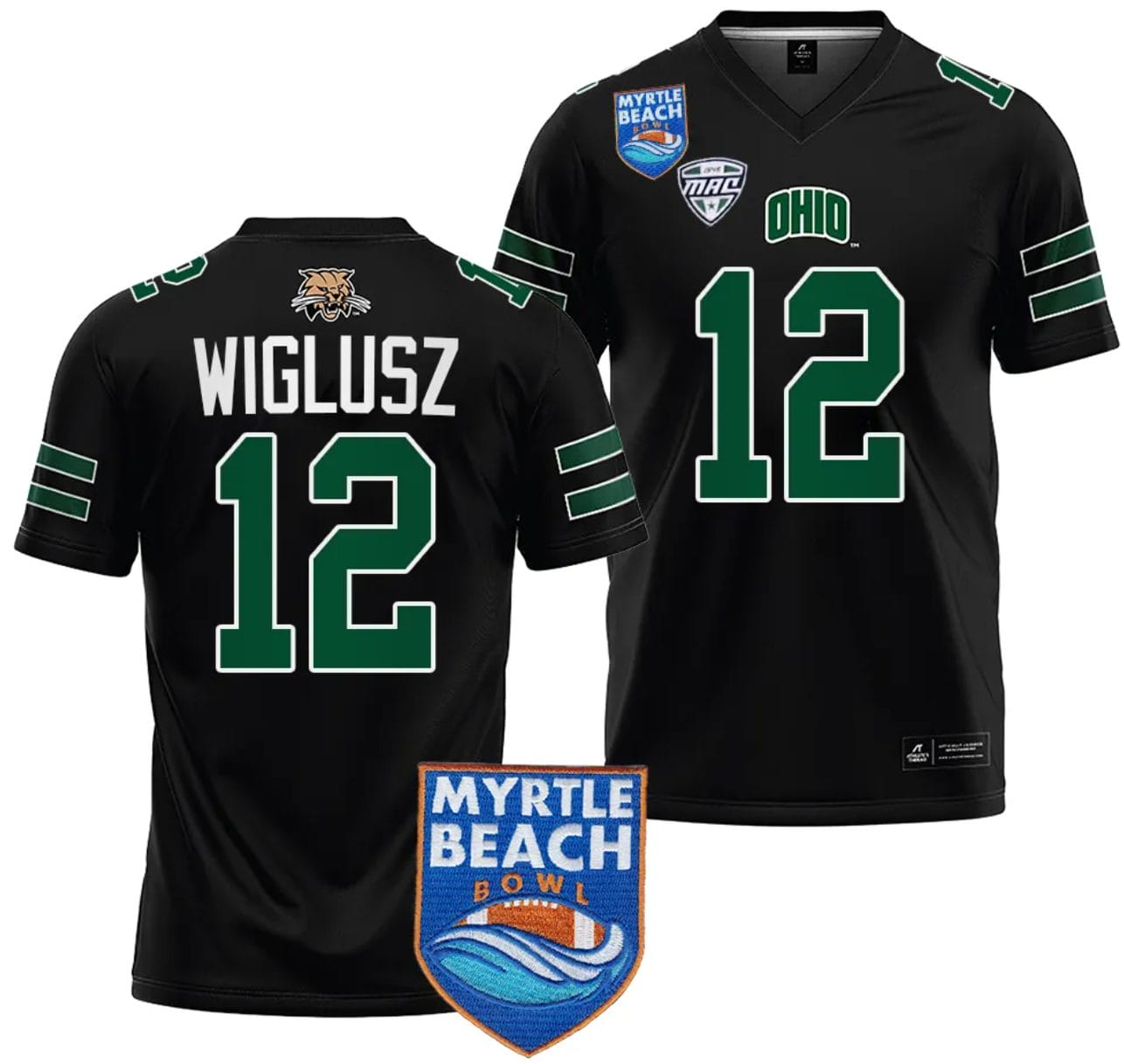 Sam Wiglusz Jersey #12 Ohio Bobcats 2023 Myrtle Beach Bowl Patch College Football Black
