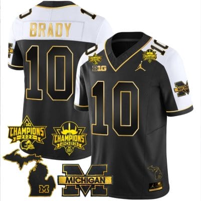 Tom Brady Jersey #9 Michigan Wolverines 2023 Big Ten Back to Back Champions Patch Stitched Gold Alternate