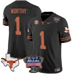 Xavier Worthy Jersey #1 Texas Longhorns Sugar Bowl Patch Vapor Football Black