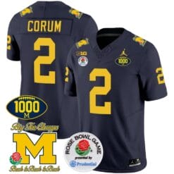 Blake Corum Jersey #2 Michigan Wolverines Vapor Stitched 1000 Wins Rose Bowl Patch Navy