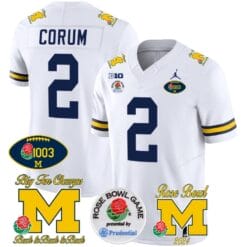 Blake Corum Jersey #2 Michigan Wolverines Vapor 1003 Wins Rose Bowl Patch Football White