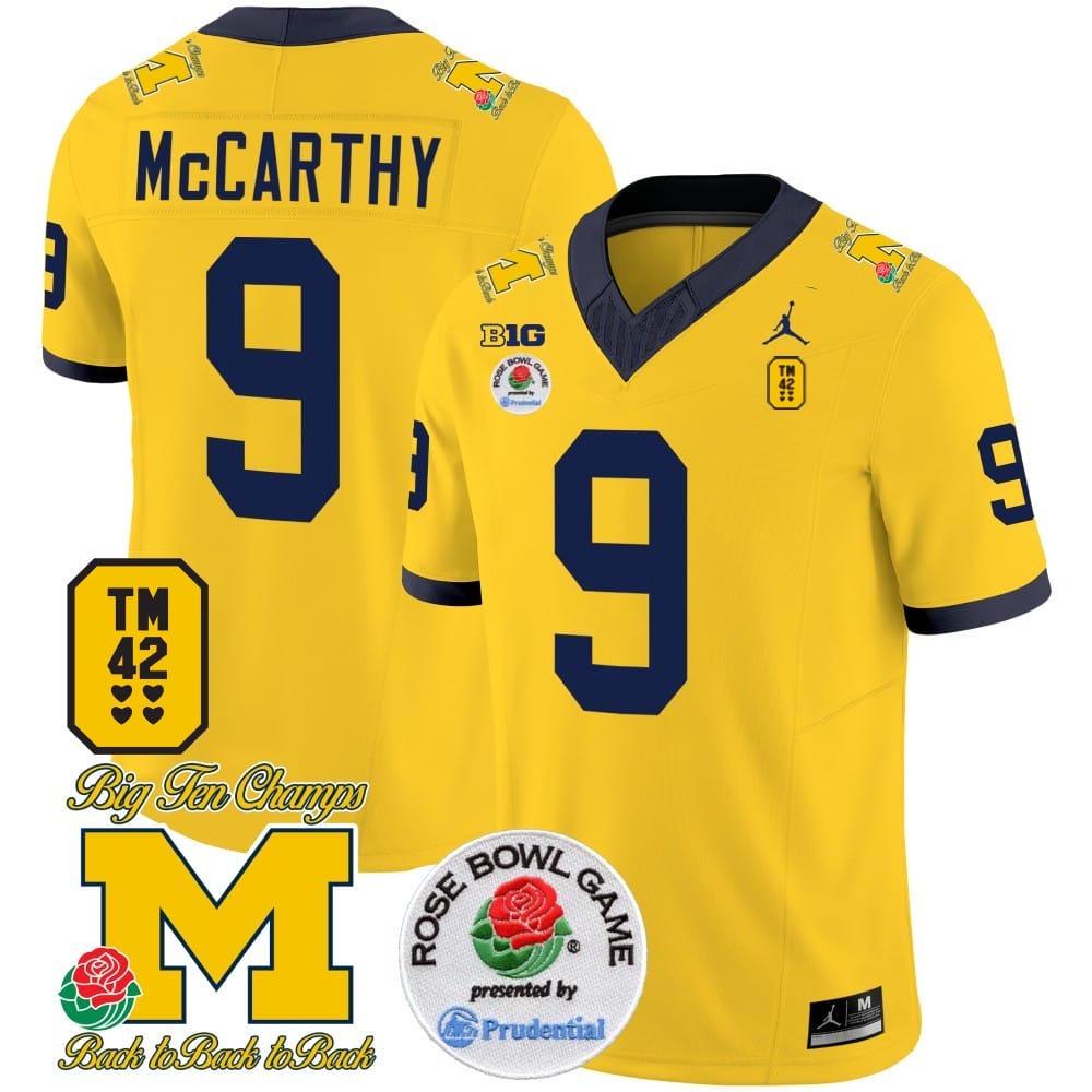 JJ McCarthy Jersey #9 Michigan Wolverines Vapor TM 42 Honor – Rose Bowl Patch Football Maize