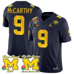 JJ McCarthy Jersey #9 Michigan Wolverines 1000 Wins Rose Bowl Big Ten Champs Patch Navy