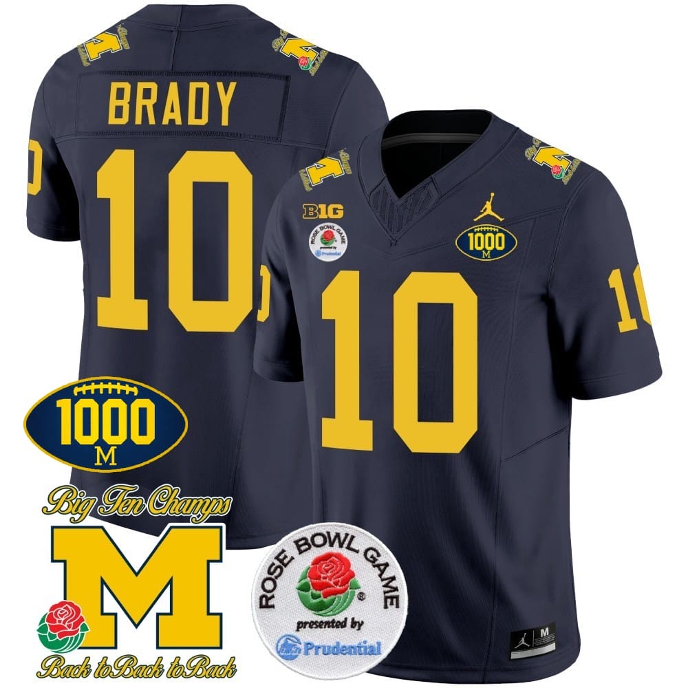 Tom Brady Jersey #10 Michigan Wolverines Vapor Stitched 1000 Wins Rose Bowl Patch Navy
