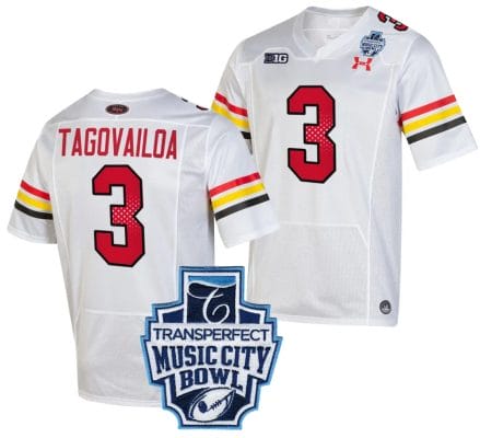 Taulia Tagovailoa Jersey #3 Maryland Terrapins 2023 Music City Bowl Patch Football White