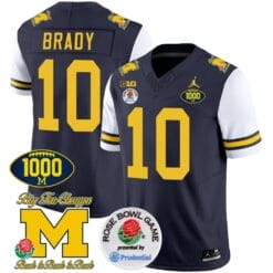Tom Brady Jersey #10 Michigan Wolverines Vapor Stitched 1000 Wins Rose Bowl Patch White Sleeves