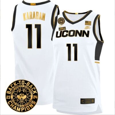 Alex Karaban Jersey #11 UConn Huskies Basketball 2024 Back To Back Champions Patch White Gold