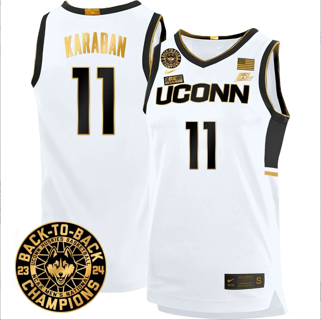 Alex Karaban Jersey #11 UConn Huskies Basketball 2024 Back To Back Champions Patch White Gold