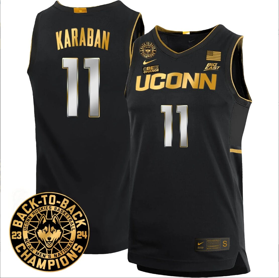Alex Karaban Jersey #11 UConn Huskies Basketball 2024 Back To Back Champions Patch Black Gold