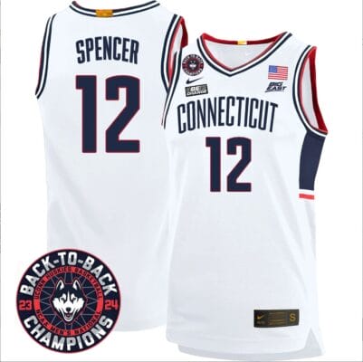Cam Spencer Jersey #12 UConn Huskies Basketball 2024 Back To Back Champions Patch White