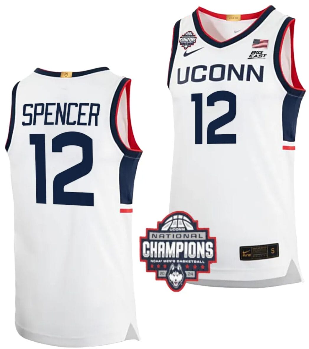 Cam Spencer Jersey #12 UConn Huskies 2024 NCAA Basketball National Champions White Elite