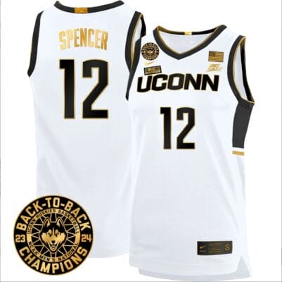 Cam Spencer Jersey #12 UConn Huskies Basketball 2024 Back To Back Champions Patch White Gold