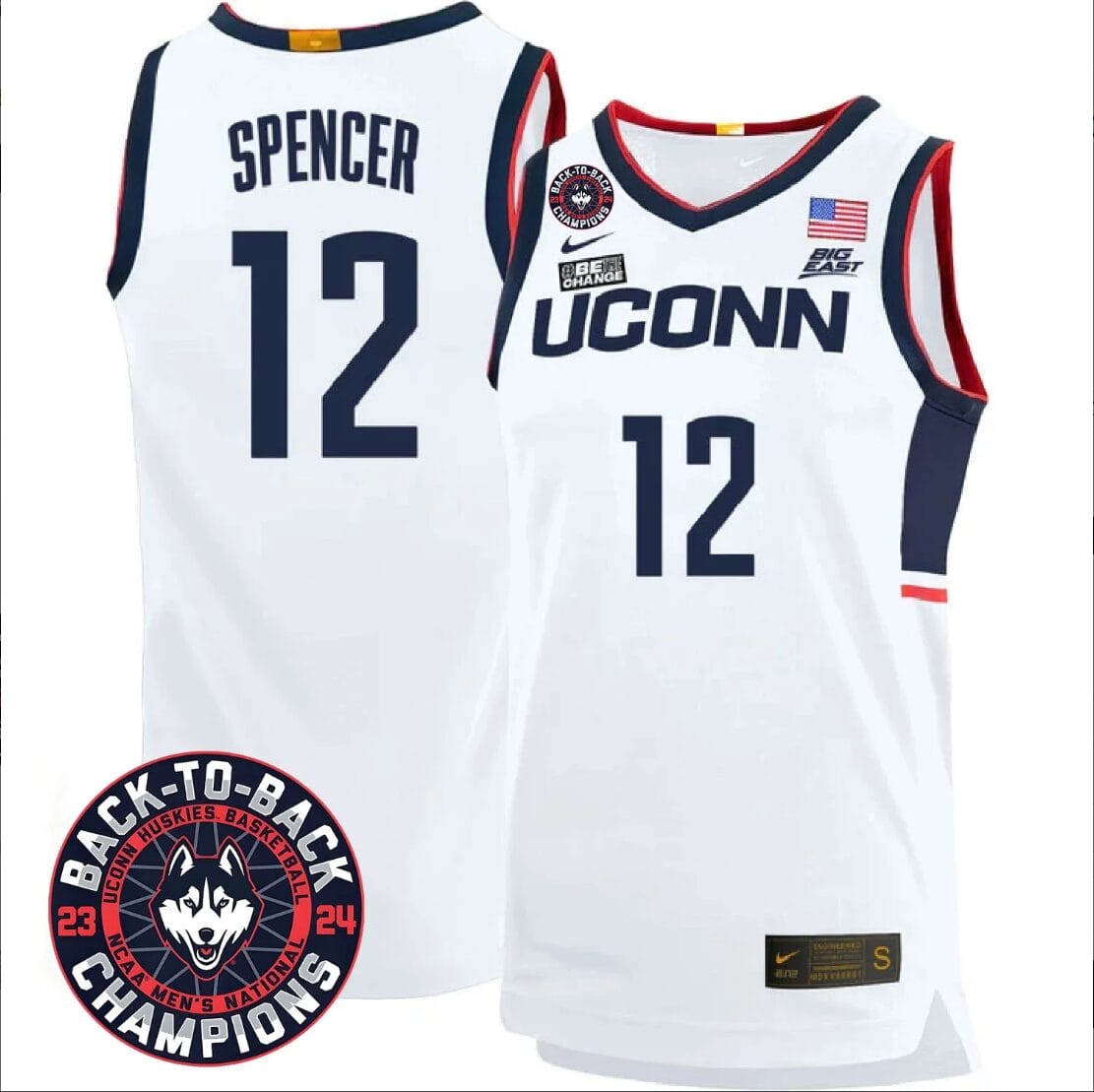 Cam Spencer Jersey #12 UConn Huskies Basketball 2024 Back To Back Champions Patch White Home