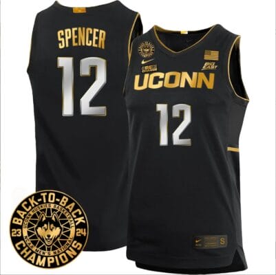 Cam Spencer Jersey #12 UConn Huskies Basketball 2024 Back To Back Champions Patch Black Gold