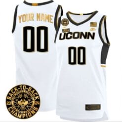 Custom UConn Huskies Basketball Jersey 2024 Back To Back Champions Patch White Gold