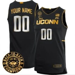 Custom UConn Huskies Basketball Jersey 2024 Back To Back Champions Patch Black Gold