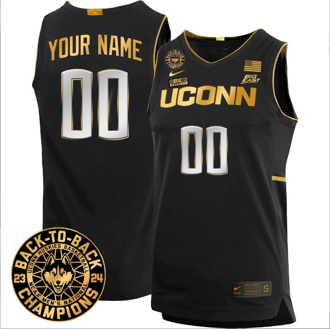 Custom UConn Huskies Basketball Jersey 2024 Back To Back Champions Patch Black Gold