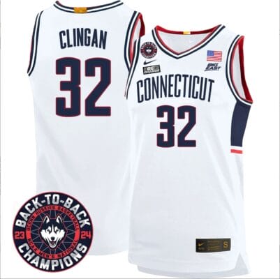 Donovan Clingan Jersey #32 UConn Huskies Basketball 2024 Back To Back Champions Patch White