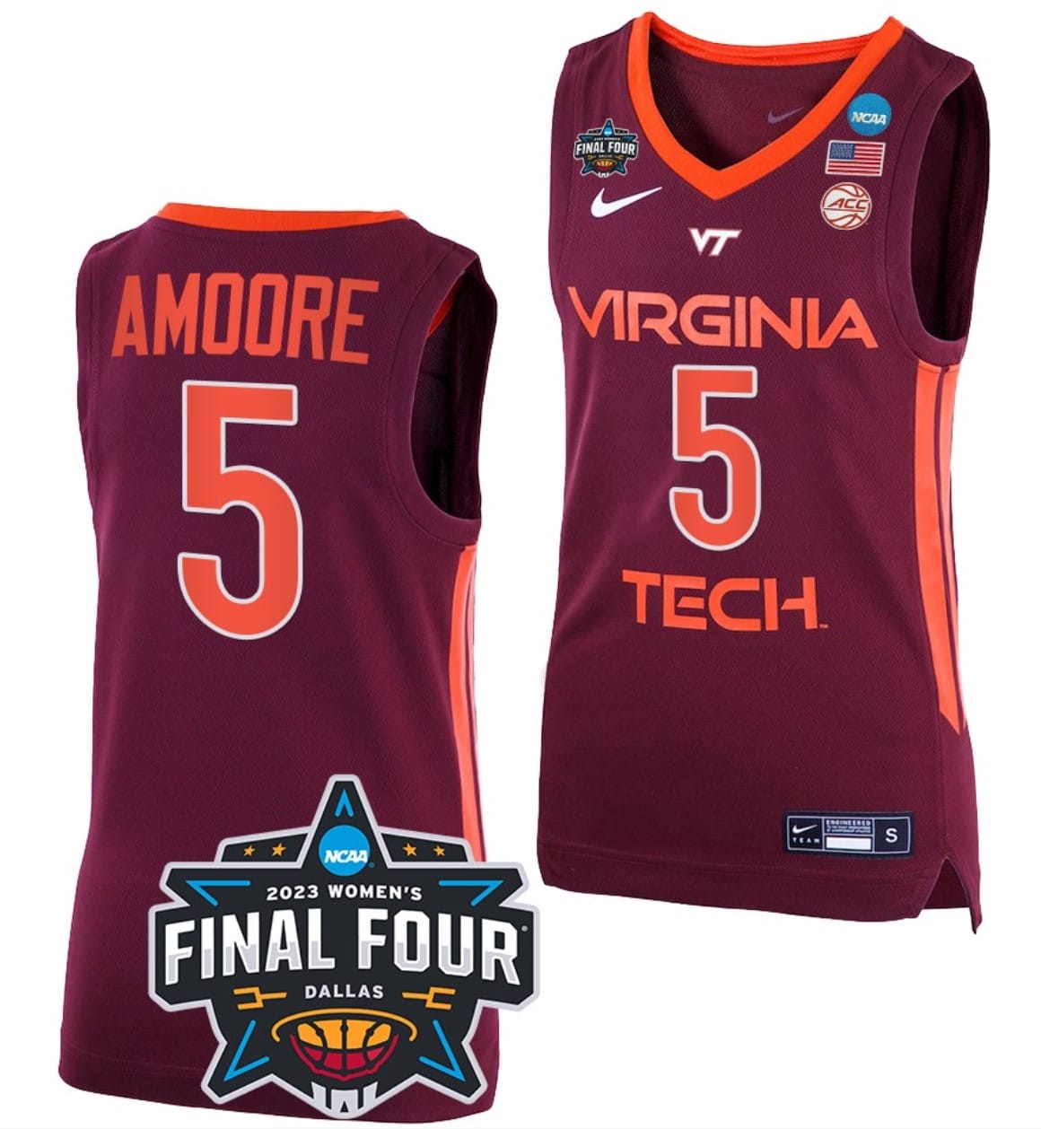 Georgia Amoore Jersey Virginia Tech Hokies College Basketball 2023 NCAA Final Four Maroon #5