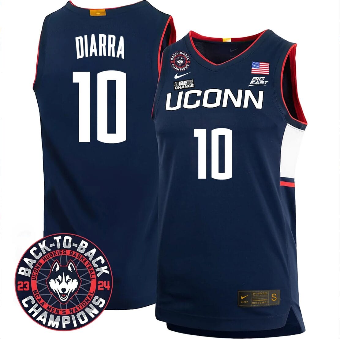 Hassan Diarra Jersey #10 UConn Huskies Basketball 2024 Back To Back Champions Patch Navy