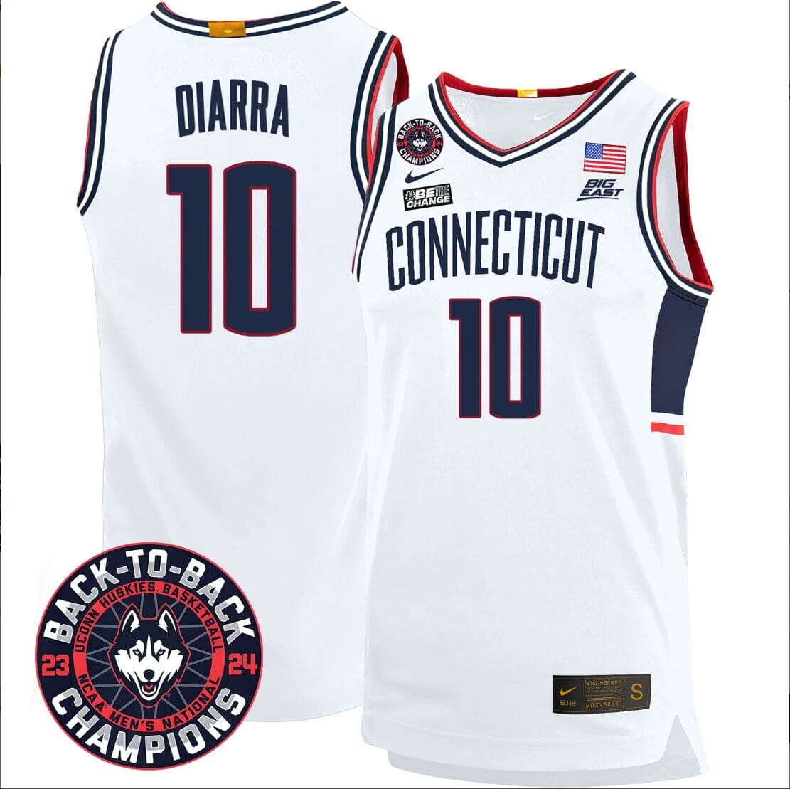Hassan Diarra Jersey #10 UConn Huskies Basketball 2024 Back To Back Champions Patch White