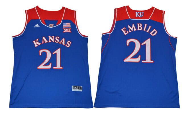 Joel Embiid Jersey #21 Kansas Jayhawks NCAA Basketball Blue