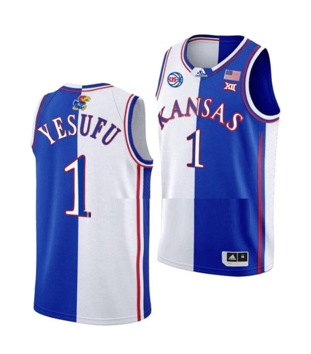 Men's Joseph Yesufu Jersey #1 Kansas Jayhawks College Basketball Jerseys Blue White Split