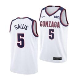 Hunter Sallis Jersey #5 Gonzaga Bulldogs College Basketball Jerseys White