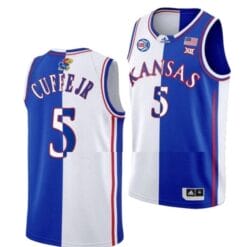 Men's Kyle Cuffe Jr Jersey #5 Kansas Jayhawks College Basketball Jerseys Blue White Split