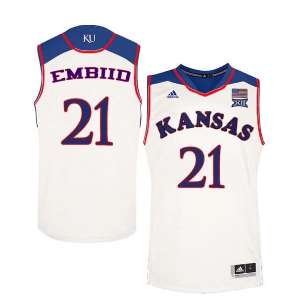 Joel Embiid Jersey #21 Kansas Jayhawks White NCAA College Basketball Jerseys