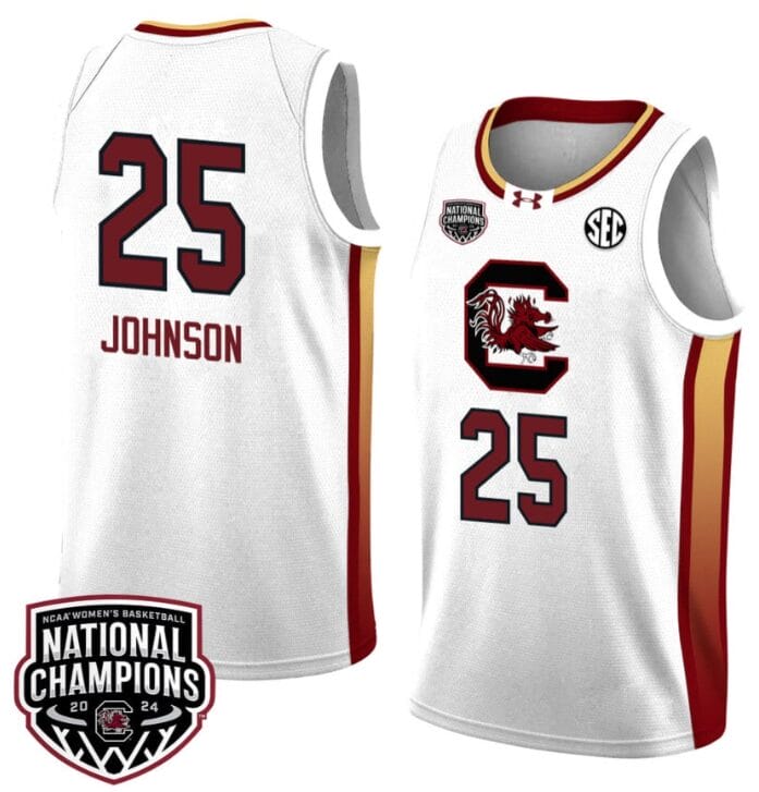 Raven Johnson Jersey #25 South Carolina Gamecocks 2024 NCAA Basketball National Champions White Yellow