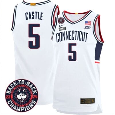 Stephon Castle Jersey #5 UConn Huskies Basketball 2024 Back To Back Champions Patch White